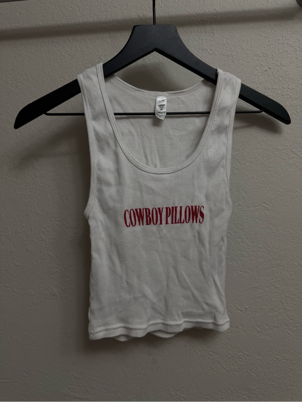 Los Angeles Apparel White Ribbed Tank with Red "COWBOY PILLOWS" Print